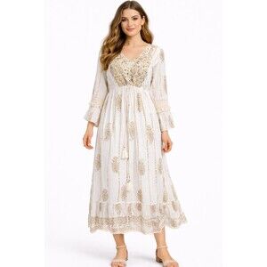 Namaste India Women S Dress Gold White Embroidered Bell Sleeve Festival Boho